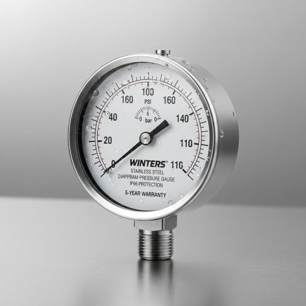 WINTERS Stainless Steel Diaphragm Pressure Gauge with IP66 Protection and 5-Year Warranty