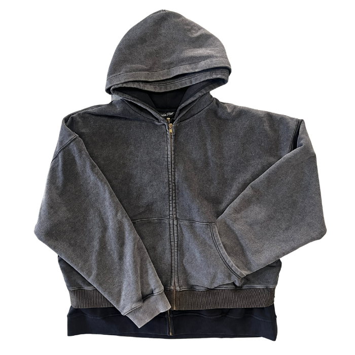 A530 Chiying Vintage Acid Wash Double Layer Zip Up Hoodie Men Oversized Cursive Back Print Streetwear Jacket