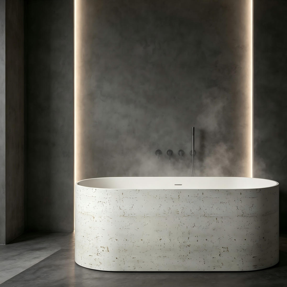 Modern Travertine Texture Oversized Free Standing Pedestal Tub Ergonomic Solid Surface