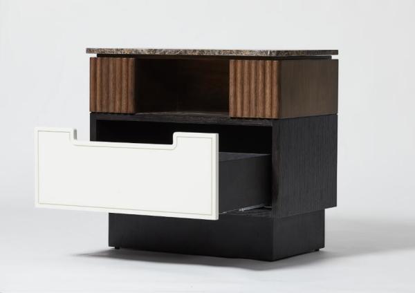 The Ritz Carlton 5-star luxury hotel guestroom walnut wood one white drawer nightstand