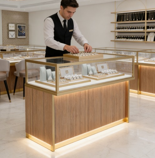 Luxury Front Showcase with Natural Marble Vein Design LED Lighting and Customized Solutions for Jewelry Display