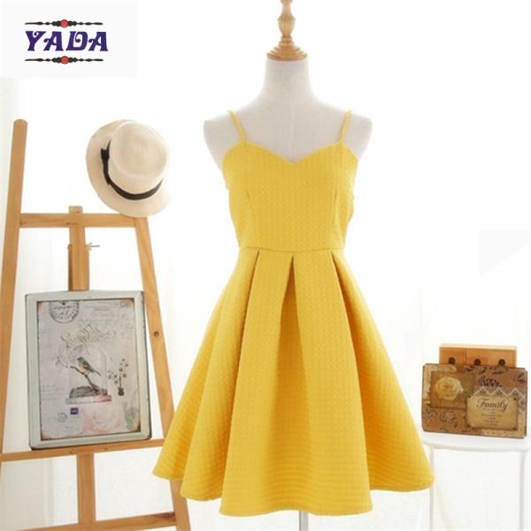El estilo coreano verano amarillo espagueti corta sombrilla señoras vestido elegante algodón vestidos de mujeres a bajo precio