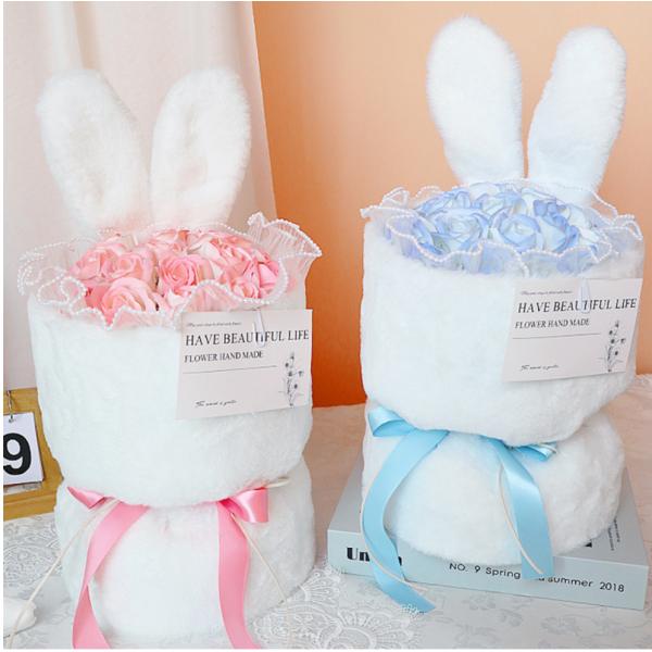 Qixi Festival flower arrangement bouquet, Mother's Day gift, cute rabbit ears, artificial flowers, soap, flower bouquet finished product