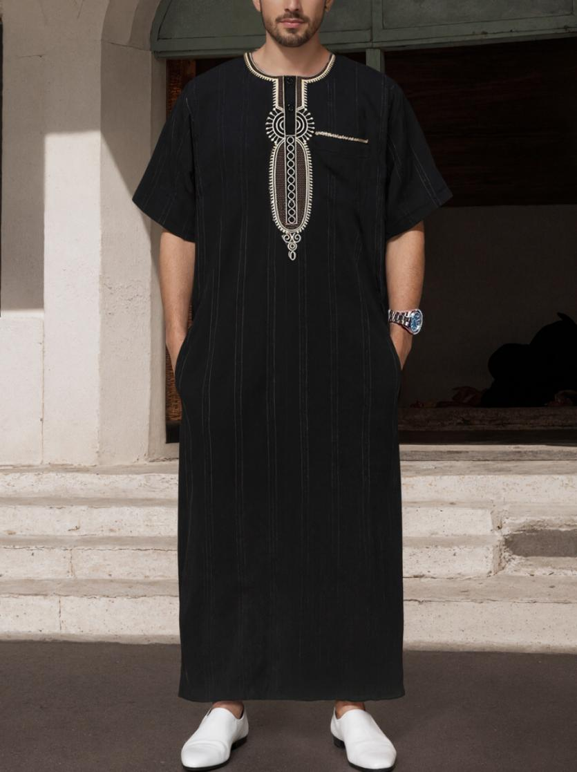 KM003 Middle Eastern Men's Gold Embroidered Thobe / Djellaba (Black With Gold Embroidery/Black with White Embroidery)