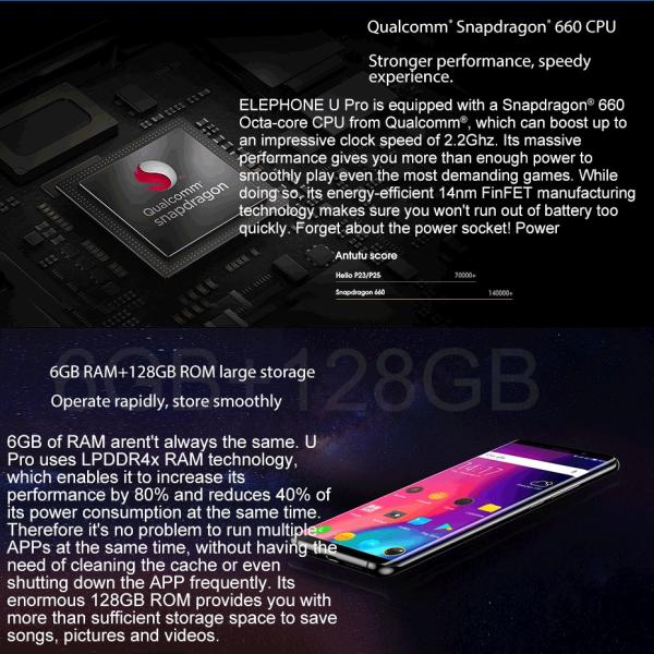 Mobile Phone, 4G Phone, Smartphone 18:9; Elephone U Pro, Snapdragon 660; 5.99'' FHD+; 6GB+128 GB;8.0 OS