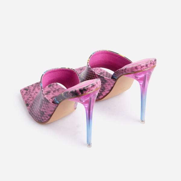 Faux Snakelike Print Platform Stiletto Sandals Open Square Toe Mules
