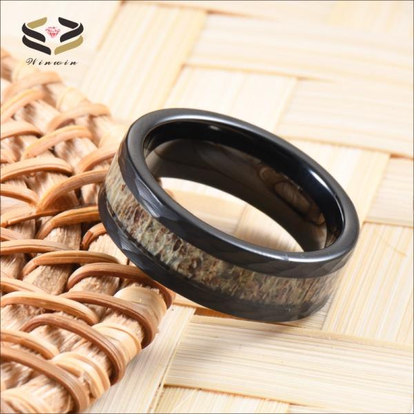Sample Making Service Custom 8mm Hammered Black Tungsten Inlay Deer Antler Jewelry Rings Trendy Style for Men's Wedding