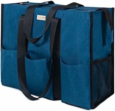 TOPDESIGN UTILITY WATER RESISTANT TOTE BAG WITH 13 EXTERIOR & INTERIOR POCKETS, TOP ZIPPER CLOSURE & THICK BOTTOM SUPPOR