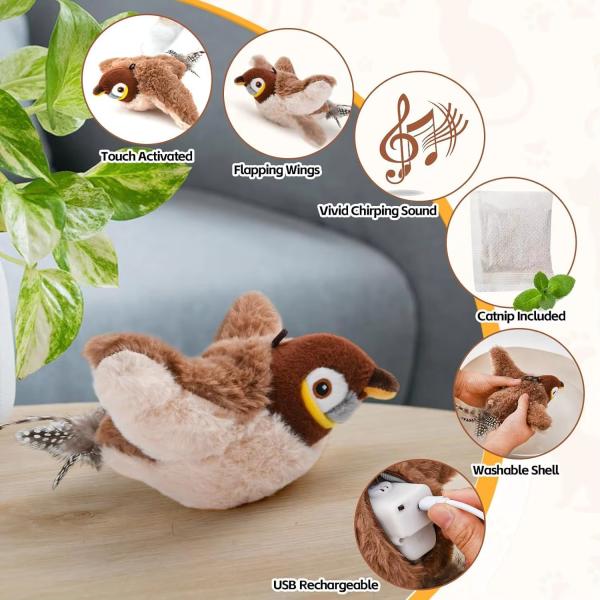 Interactive Smart Electric Rechargeable Plush Flapping Bird Toy for Dogs and Cats Touch Activated Sparrow Chirp Tweet Pet