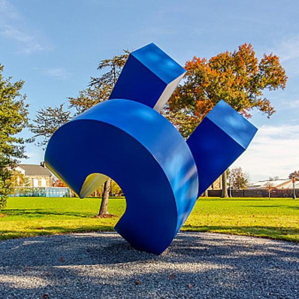Unique Blue Painted Abstract Metal Sculpture Focal Point For Patio, Commercial & Public Spaces