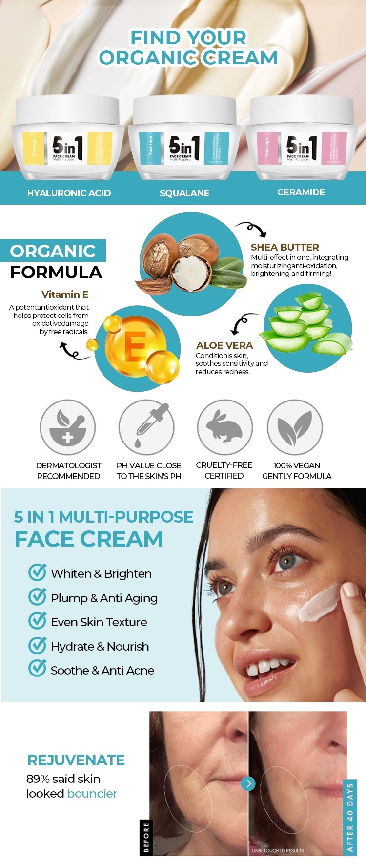 OEM ODM 5 in 1 face cream Natural skin care whitening anti-aging wrinkle brightening face cream