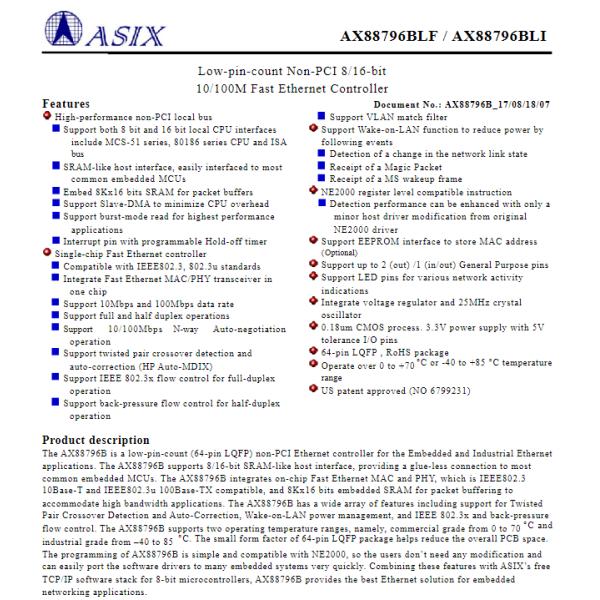 AX88796BLF 10/100M Быстрый контроллер Ethernet IC с низким количеством пин-код не PCI 8/16-бит