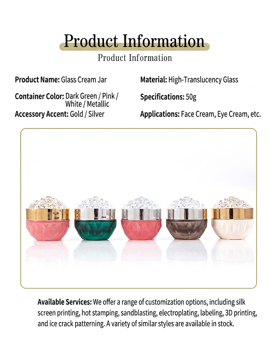 Luxury Diamond Lid Glass Cream Jar 30g 50g for Cosmetic Packaging
