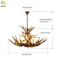 Lustre de chifre de veado rústico E14 iluminação 8 luz grande resina