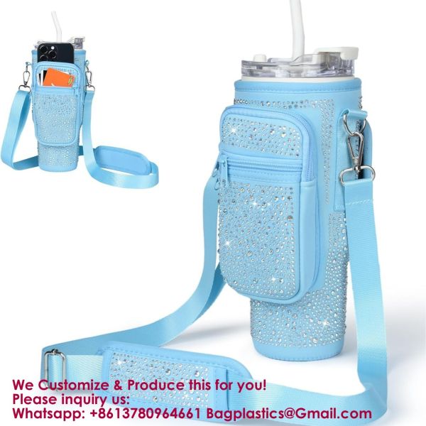 RhineStone Decoration Acessories, Tumbler With Handle,Pink Insulated Neoprene Cup Holder Pouch W/Adjustable Strap For Quencher H2.0 Stanley Cup Accessories