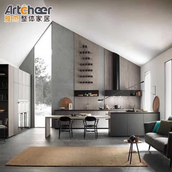 Customized Color Aluminium Kitchen Cabinets with Flat Edge Countertop and Dining Table