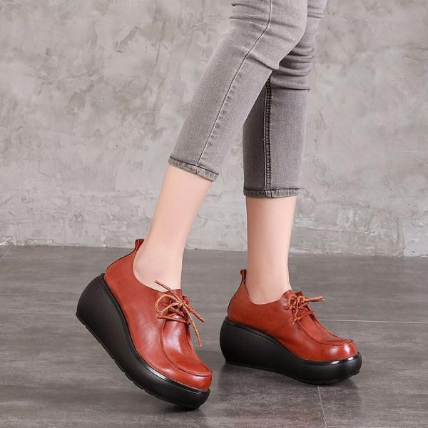 S055 Retro round toe women's shoes, first layer leather lace-up, thick-soled wedge single shoes, non-slip new products