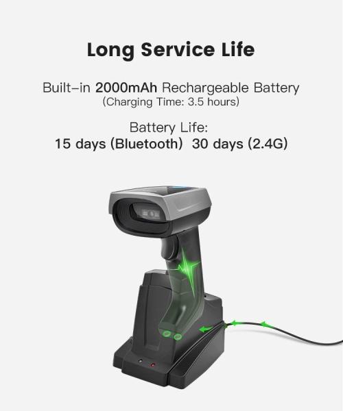 2.4G Wireless Bluetooth Barcode Scanner 2000mAh Battery Long Time Working