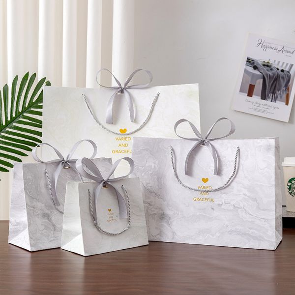 Marble Gift Bags Premium Ribbon Handled Packaging Instagram Aesthetic Luxury Tote Holiday Clothing Presentation Bags