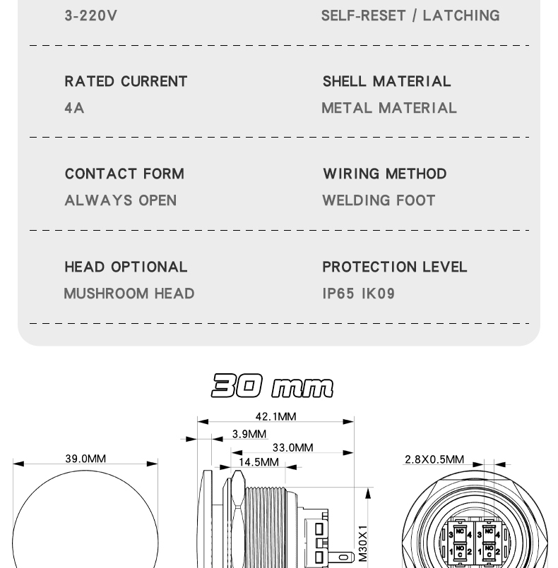 Metal mushroom head self-reset button 30mm power start switch momentary rebound reset self-lock button waterproof