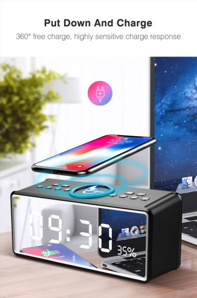 Bluetooth Clock Hifi Speaker with Wireless Charging QI FM RADIO AUX  TF Card Music Player Support from NEWGOOD