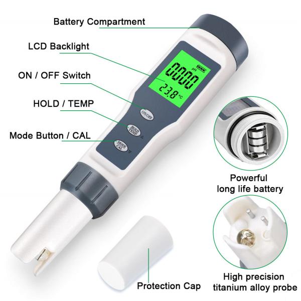 Testeur de qualité de l'eau 3 en 1 - TDS/pH/tempomètre avec calibrage automatique et compensation de température