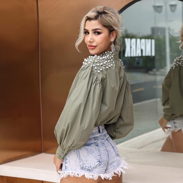 Chic Versatile Elevate Style Collar Detail Shirt Blouse Chic Black High Waisted Lace Tops With Stand Collar For Women