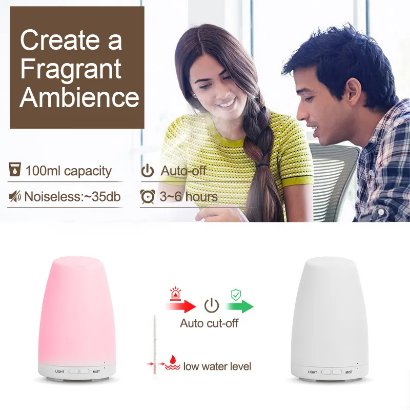Urpower 100ml Ultrasonic Aroma Essential Oil Diffuser with 7 Color LED Lights US Plug Humidifier for Household