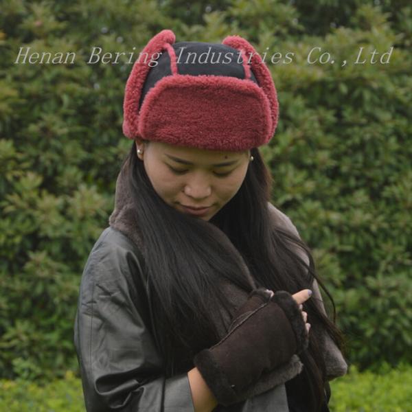 Australian Shearling Sheepskin Double Face Ladies Leather Fur Trim Trapper Hat with Earflap in Winter