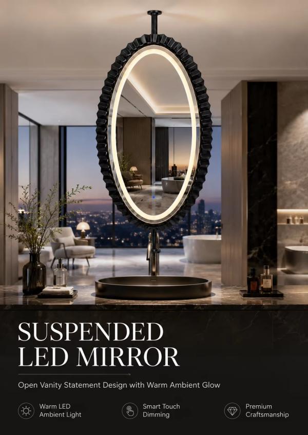 Kingstin Luxury Floating Suspended LED Mirror with Custom Size Black Stainless Steel Frame for Modern Bathrooms Hotel and Villas