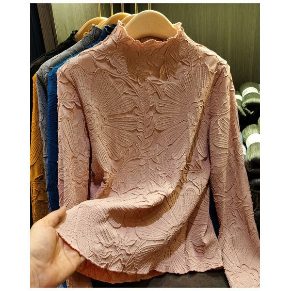 Japanese Pleated Stand Collar Long Sleeve T-shirt Top Printed Pleated Embodying Pleated Process Makes Flower Fashionable