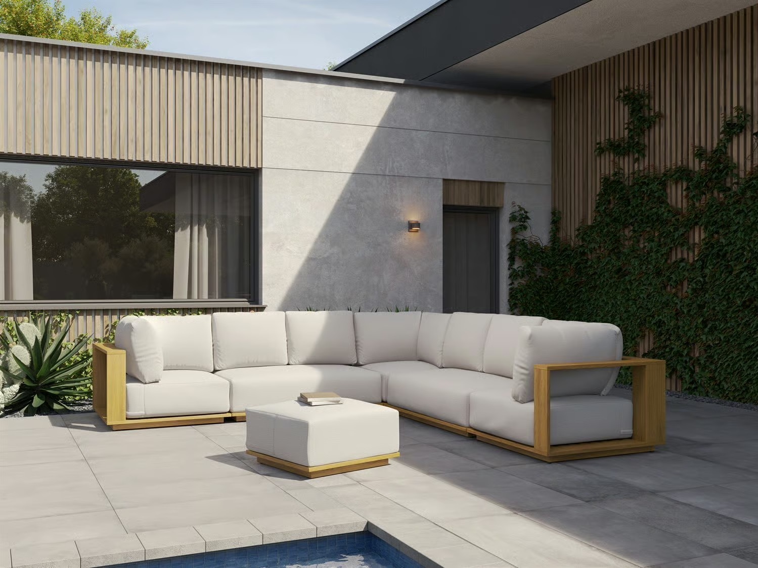 Corner Lounge Set Aluminum in Teak Finish Outdoor Sectional Sofa. Parlo SN-2675