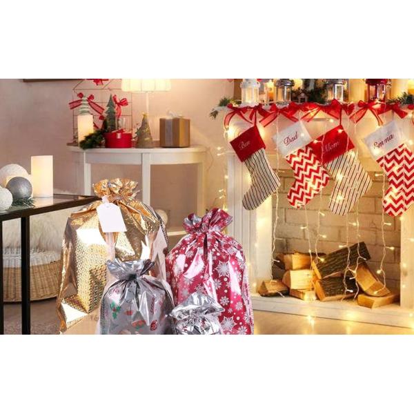Christmas Gift Bags, Santa Wrapping Bag Designs With Inserted Drawstring Ribbons And Tags For Wrap
