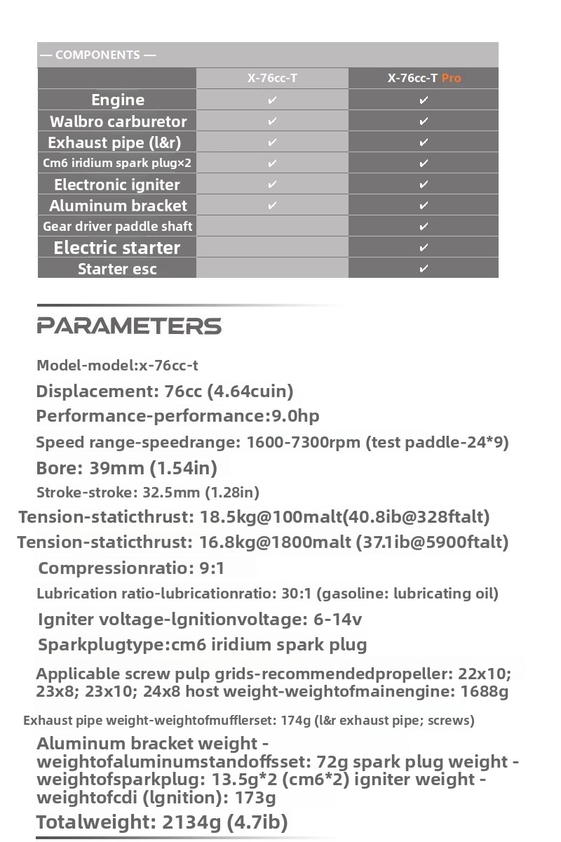 X-76cc-T Model Metal Airplane Gasoline Opposed Twin-Cylinder Two-Stroke Fixed-Wing Engine