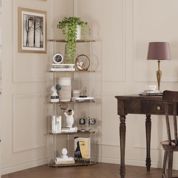 Multipurpose Storage Bookcase with Acrylic and Wooden Corner Display Shelves