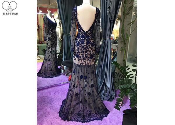 Navy Blue Long Sleeve Lace Mermaid Prom Dress V Neck Backless See Through Style