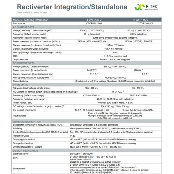 1U Integrated / Standalone Telecom Power System 3kVA 1phase 220VDC Eltek Rectiverter