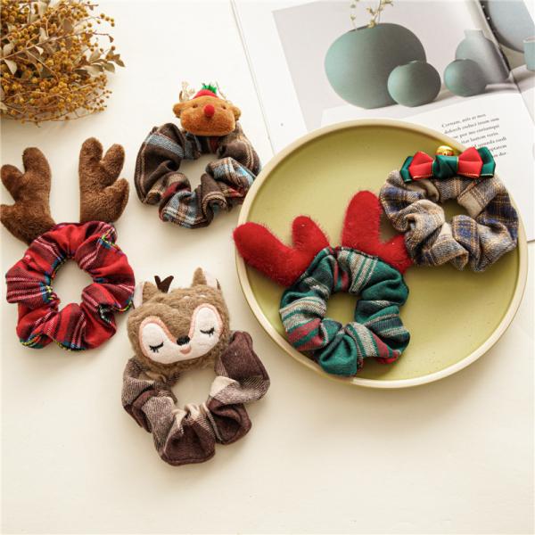 Christmas plaid beaded hair scrunchies women's cartoon lovely animal cloth hoops tied hair rope ornaments