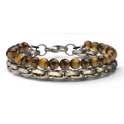 Bracelet à perles pour hommes de mode en acier inoxydable argenté en forme de boule de pierre à l'œil de tigre