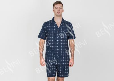 Navy Blue Mens Luxury Sleepwear Button Through Shirt And Short Pants Eco Friendly