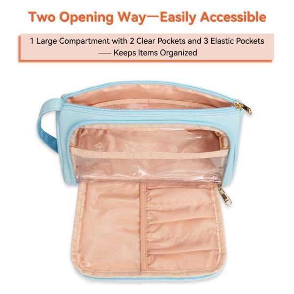 Waterproof Makeup Toiletry Travel Bag Portable Blue PU Leather