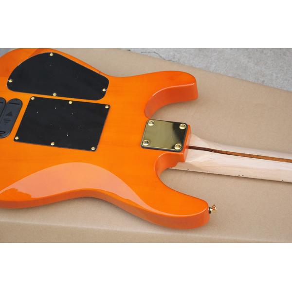 Factory Custom Orange Electric Guitar with Floyd Rose,3 Pickups,No Frets Inlay,Gold Hardware,Flame Maple Veneer