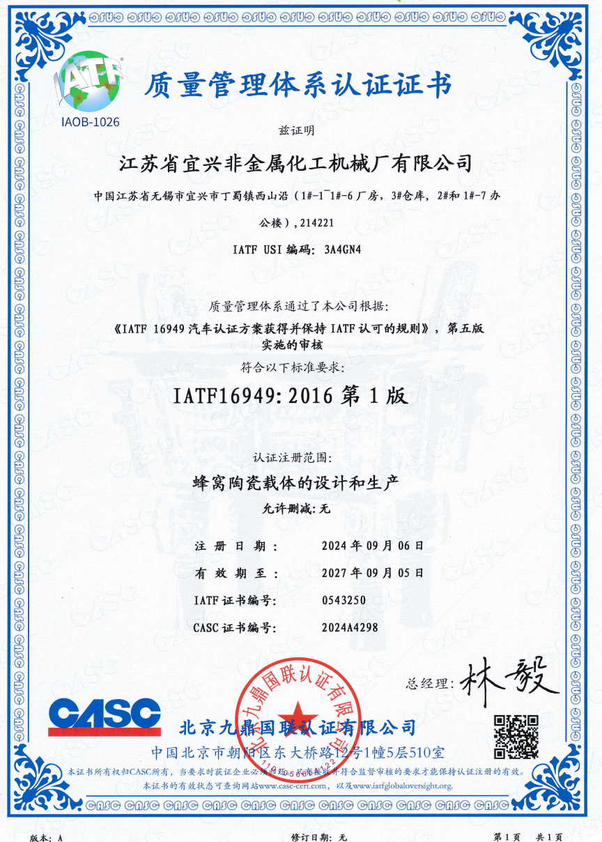 Jiangsu Province Yixing Nonmetallic Chemical Machinery Factory Co.,Ltd Certifications