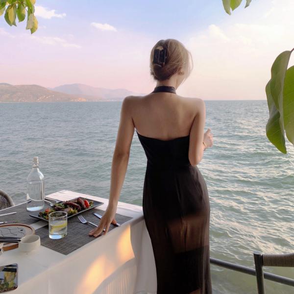 Backless Halter Neck Split Womens Vacation Dresses