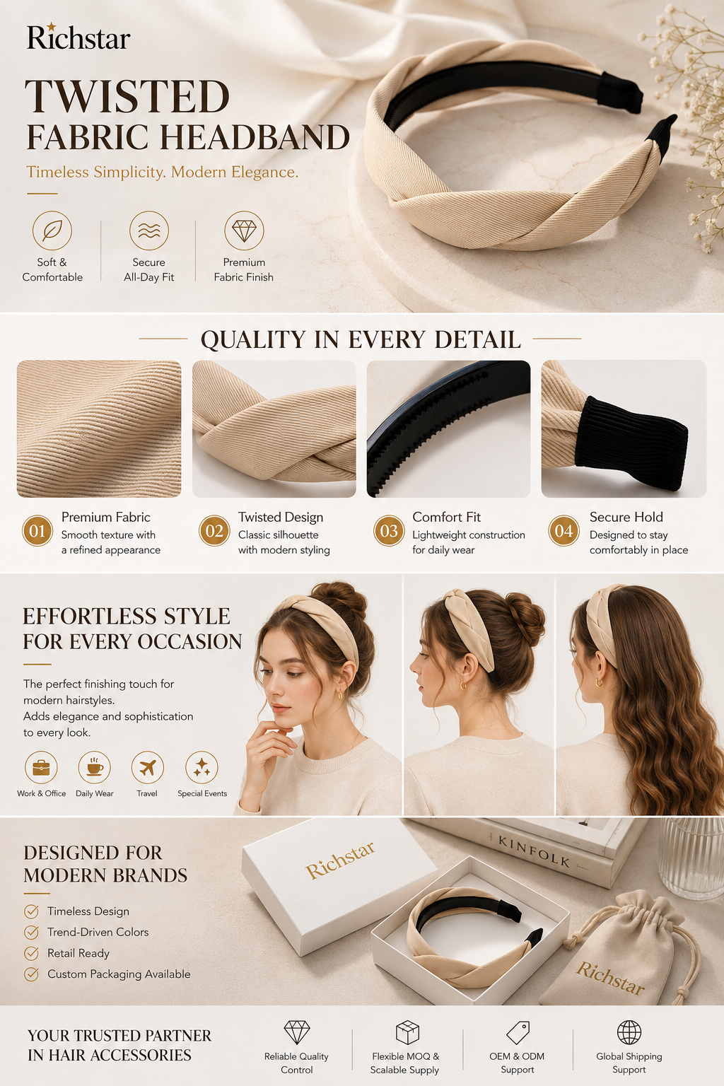 Richstar Twisted Fabric Headband for Women – Premium Polyester Fashion Hairband with Anti-Slip Design for All-Day Comfort