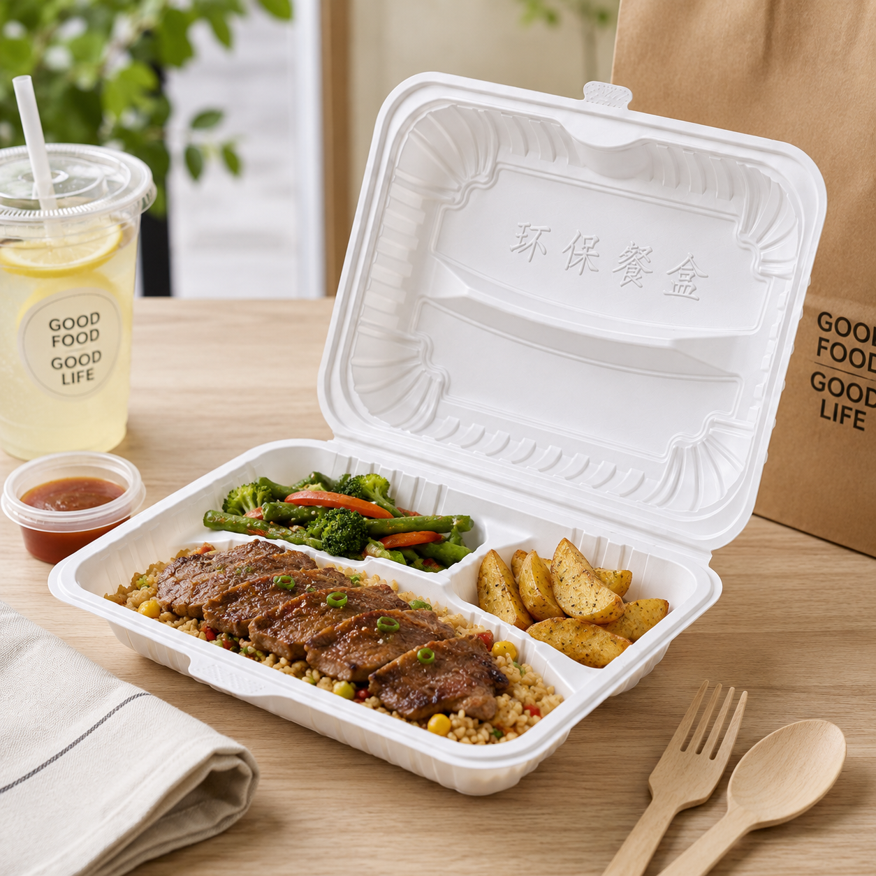 Compact Combo Meals PP Clamshell Takeout Containers Three Compartment 475ml