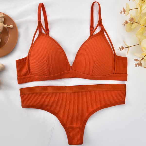 Wholesale High Quality New Fashion Bra With Thong Panty Set Cotton Quality Breathable Wire-Free Pad Adjusted Straps Bra