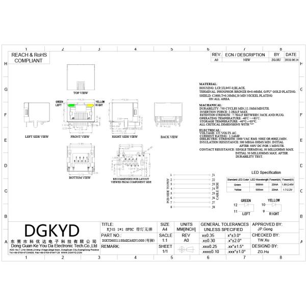 DGKYD60S1188AB2A6DY1008 60S однопортовый TAB UP RJ45 сетевой разъединитель с светодиодом