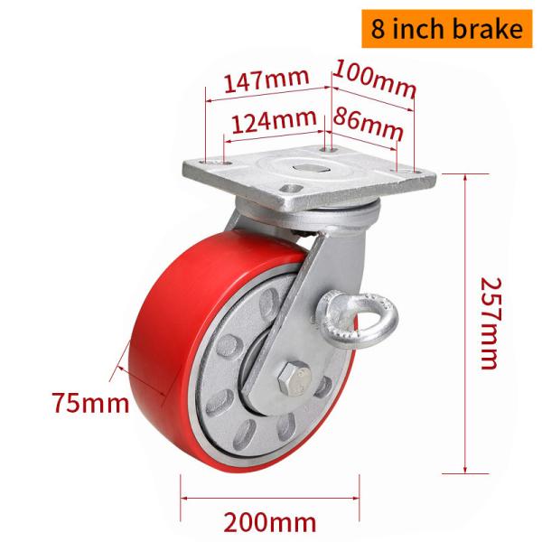 Red Extra heavy Duty Casters With Brakes 8 Inch 200mm Caster Wheels 938-86A