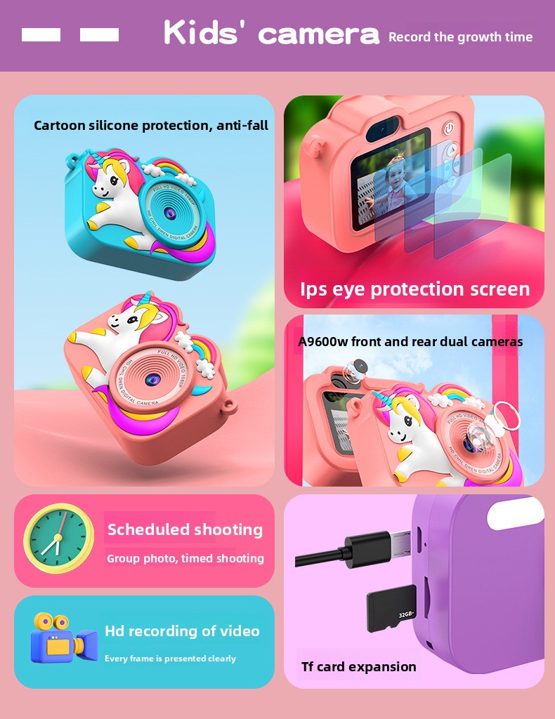Feitianma 2.0 Inch Screen 1080P HD Dual-lens Children's Camera with Unicorn Graphic Design Children's Toy Gift